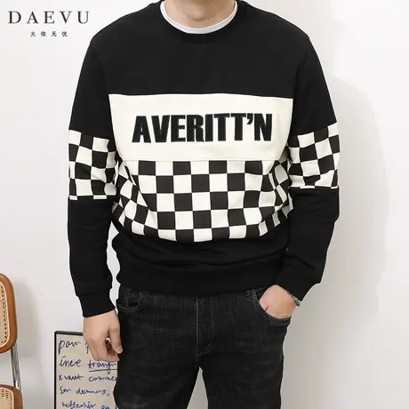 DAEVU春秋新款黑白棋盘格大号潮胖子加肥加大码男款圆领长袖卫衣商品大图