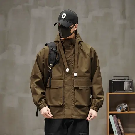 秋季春秋款潮牌防风防水抽绳连帽飞行员夹克外套男士工装冲锋衣服图片