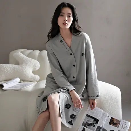 婷美2023年新款睡裙女秋冬季纯棉长袖睡衣V领可外穿连衣裙家居服图片
