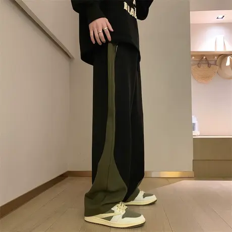 休闲长裤男夏季薄款撞色拼接阔腿拖地裤子2023潮流潮牌宽松直筒裤商品大图