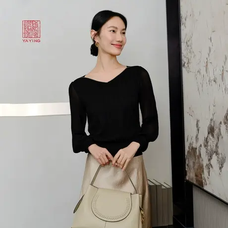 EP雅莹高端系列 泡泡袖桑蚕丝混纺V领针织衫 2023新款9515A商品大图