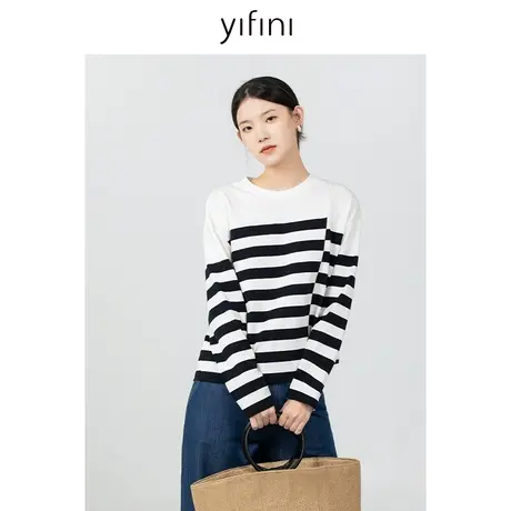 Yifini/易菲宽松短款复古时尚条纹T恤女2023秋季新款长袖通勤上衣商品大图