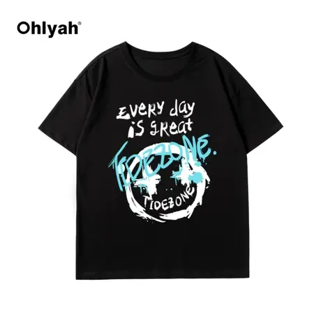 短袖T恤女2023年新款夏韩版宽松笑脸五分印花设计感打底半袖上衣商品大图