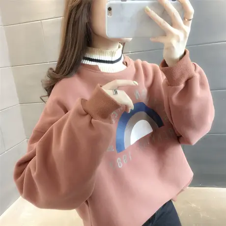 韩版潮ins女装宽松加厚高领上衣外套2023年新款秋冬洋气加绒卫衣图片