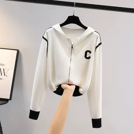 早秋季薄款连帽衫冰丝防晒衣女款2023新款针织开衫女士短外套上衣商品大图