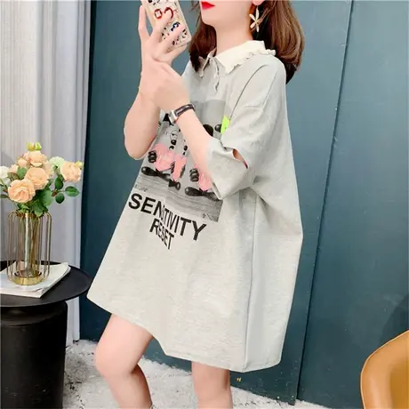 polo衫印花短袖t恤女夏季2023新款宽松中长款洋气减龄设计感上衣图片