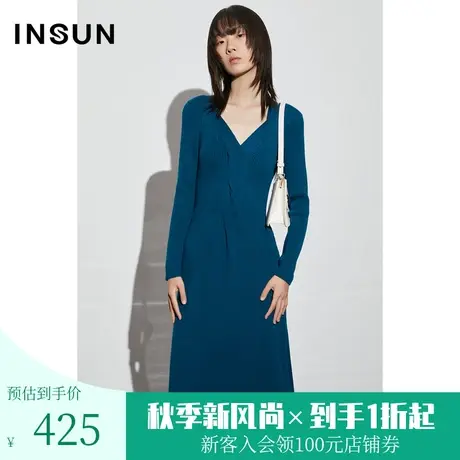 恩裳COVER2023年早春新款气质V领扭结收腰衣身绞花设计针织连衣裙图片