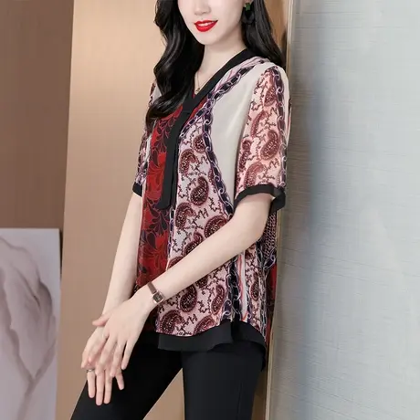 2023年新款宽松洋气衬衫女中老年妈妈夏装桑蚕丝上衣复古印花唐装图片