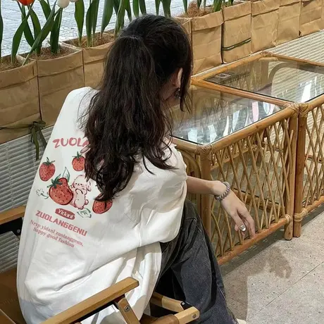 潮牌短袖t恤女2023新款夏季设计感小众港味chic宽松遮肚子上衣服商品大图