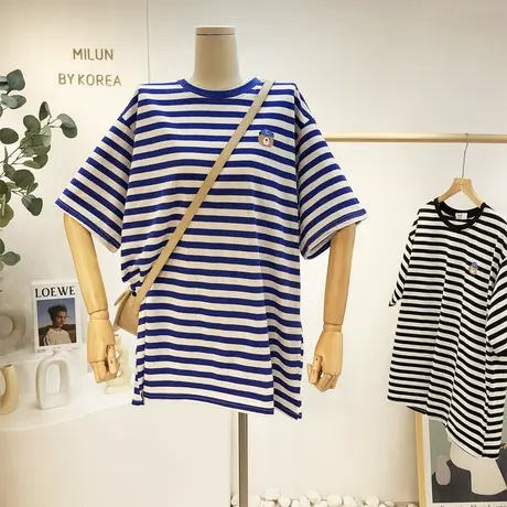 2021夏季小众设计感海魂衫韩国东大门ins条纹休闲宽松包臀T恤大码图片