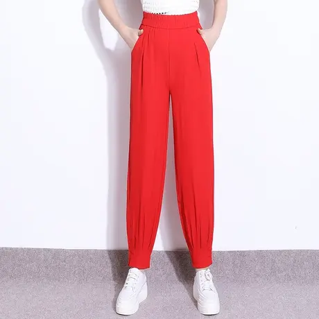 红色冰丝哈伦裤女夏季薄款2023新款松紧高腰宽松束脚灯笼裤休闲裤图片