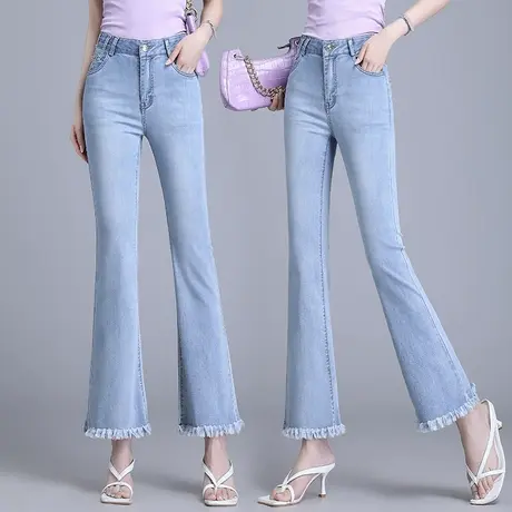 浅色牛仔微喇裤女夏薄款高腰弹力修身九分喇叭裤时尚小个子马蹄裤商品大图