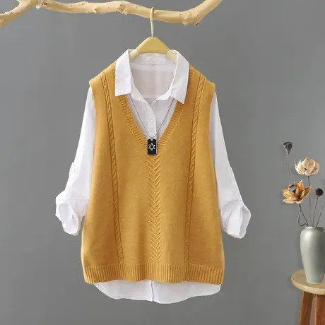 文艺范V领纯色套头针织马甲女背心2023秋装新款无袖打底毛衣坎肩商品大图