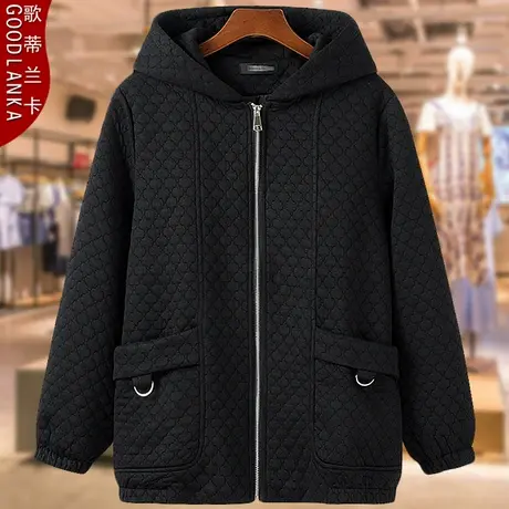 中年胖妈妈秋装休闲拉链衫加大码中老年女装宽松显瘦连帽夹克外套商品大图