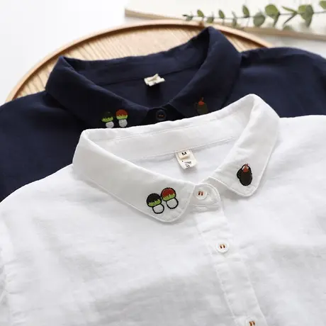 2023年日系文艺小清新刺绣花双层纱纯棉白衬衫女学生宽松打底上衣图片