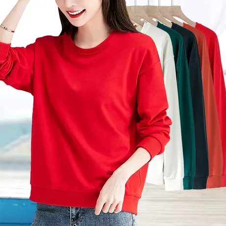 本命年中国红色女士卫衣女2023新款长袖t恤圆领纯色妈妈宽松卫衣图片