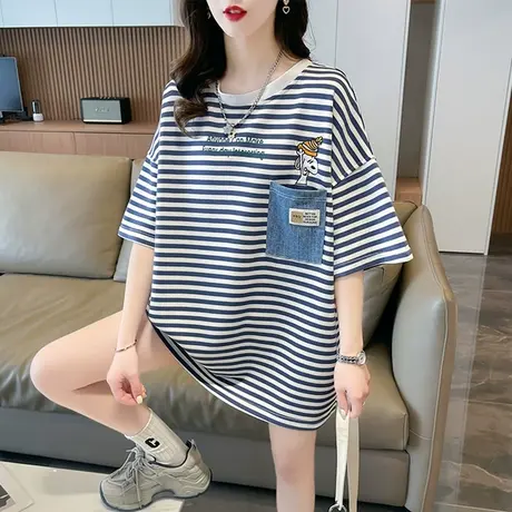 短袖t恤女夏季韩版宽松大码女装中长款半袖可爱学生条纹上衣服潮商品大图