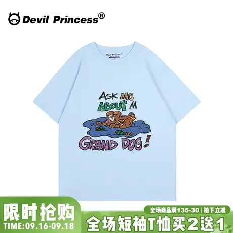 vintage古着感宽松韩版奶蓝色短袖女t恤小众卡通印花半袖正肩上衣图片