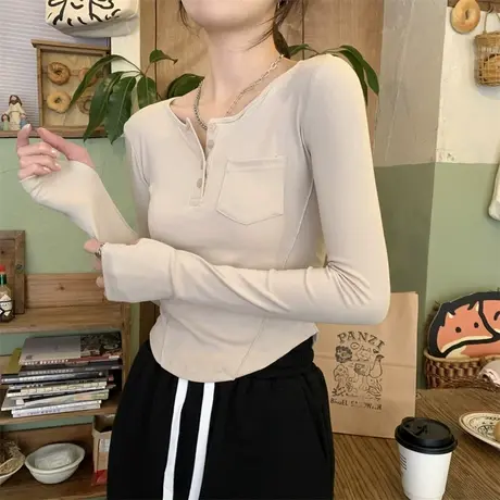 鱼骨纯欲风设计感长袖t恤女2023春秋修身内搭短款打底衫早春上衣商品大图