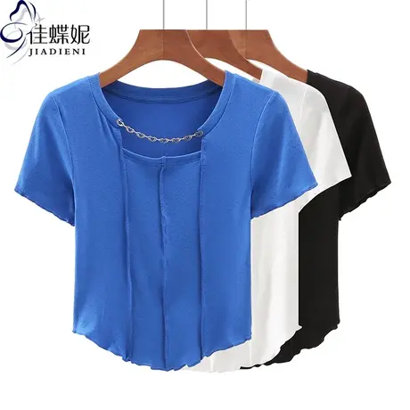 夏季新款韩版荷叶边修身纯棉短款纯欲短袖体恤上衣内搭女打底衫商品大图