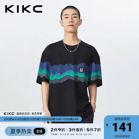 kikct恤男2023春夏新款商场同款撞色复古印花宽松潮流圆领短袖图片