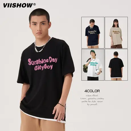 VIISHOW日系趣味LOGO刺绣短袖T恤男女宽松重磅潮牌情侣装半袖tee商品大图