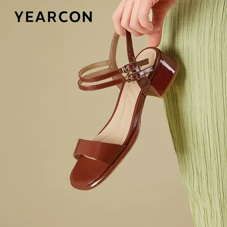 意尔康凉鞋女2023新款夏中高跟双搭扣粗跟露趾潮流通勤复古时装鞋商品大图