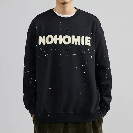 奕飏喷漆点圆领男士卫衣2022春秋新款潮韩版宽松黑色上衣长袖T恤商品大图