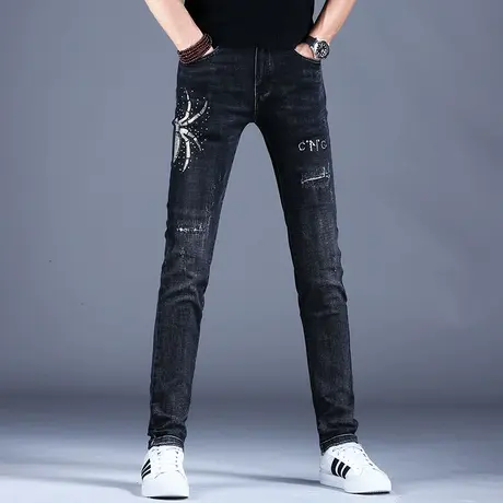 男士奢侈大牌破洞牛仔裤男修身小脚百搭2023韩版男款休闲裤子弹力商品大图