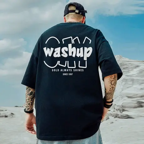 重磅字母潮牌宽松T恤胖子短袖男加肥加大五分袖纯棉大码男装夏季商品大图