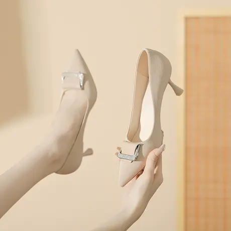 高跟鞋女2023夏季新款气质纯色单鞋法式水钻职业鞋不累脚尖头细跟商品大图