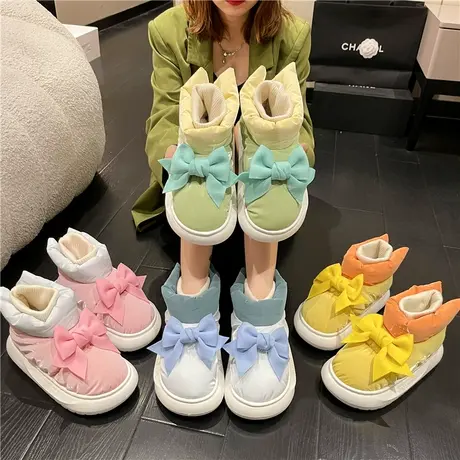 棉拖鞋女冬季可外穿防水加绒加厚可爱保暖蝴蝶结居家厚底包跟棉鞋图片