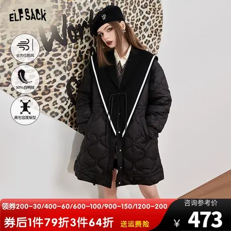 妖精的口袋可拆卸毛呢领黑色羽绒服女2022冬季新款小个子宽松外套图片