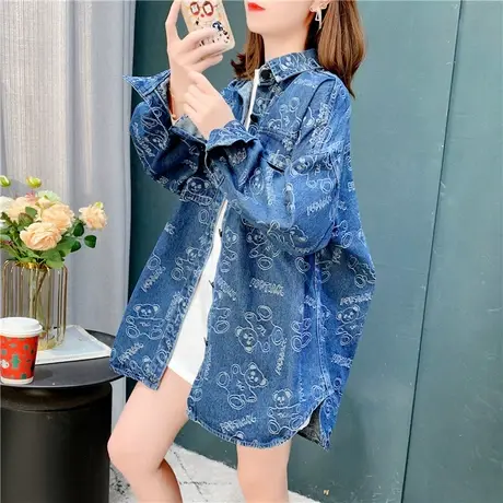 复古港味牛仔衬衫女韩版宽松中长款2021新款秋冬设计感衬衣外套潮商品大图