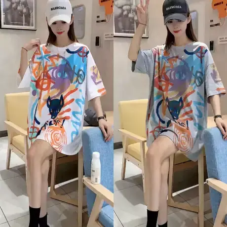 慵懒风中长款涂鸦短袖T恤女2023年新款夏季韩版宽松半袖上衣潮ins商品大图