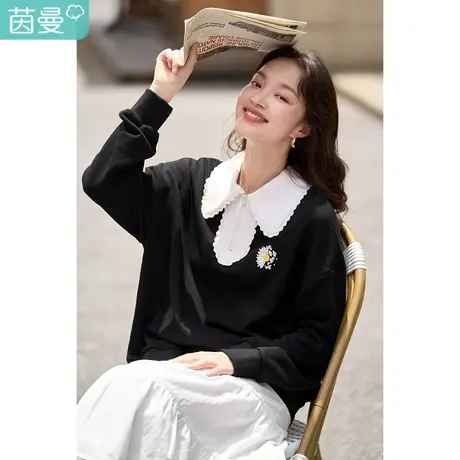 茵曼2023春女装新款休闲撞色钉珠刺绣花边翻领套头卫衣长袖上衣图片
