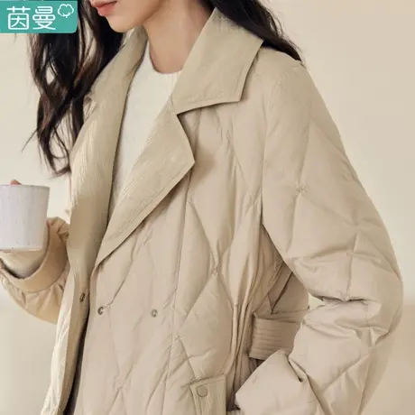 茵曼菱格西装轻薄羽绒服女装2023年冬季新款收腰中长款厚外套商品大图