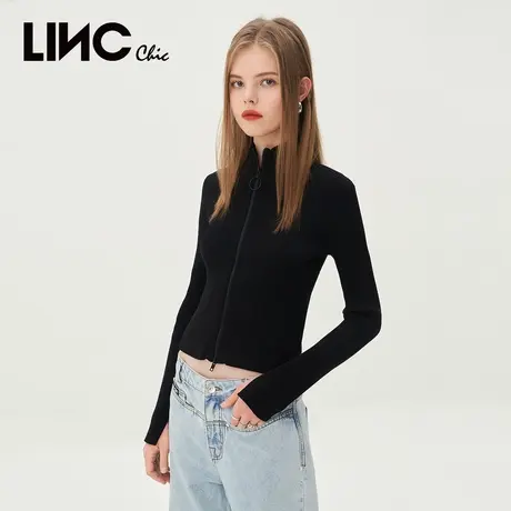 LINC金羽杰针织衫女2023年秋季新款小高领修身针织开衫外套毛衣商品大图