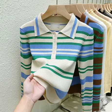 美式慵懒风拼色条纹Polo领针织衫女内搭2023春装新款修身打底上衣商品大图