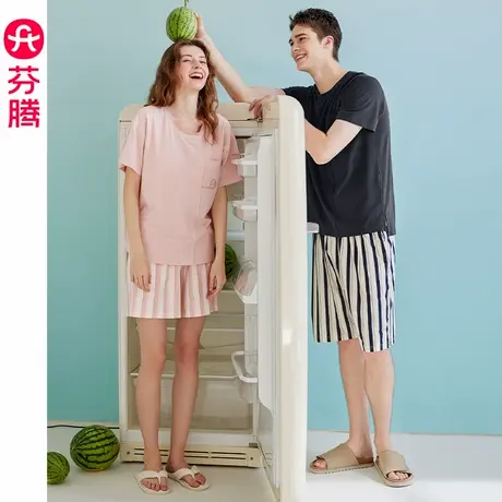 芬腾情侣睡衣女夏季薄款纯棉短袖带胸垫套装男休闲凉感大码家居服商品大图