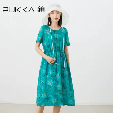 蒲PUKKA 原创设计2023夏装新品苎麻印花新中式大圆领度假连衣裙图片
