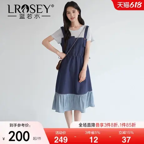 【莱赛尔假两件牛仔背带裙】蓝若水大码2025夏新款抽绳收腰连衣裙图片