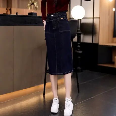 丹宁色牛仔半身裙女2025夏季新款高腰中长裙后开叉薄款包臀A字裙图片