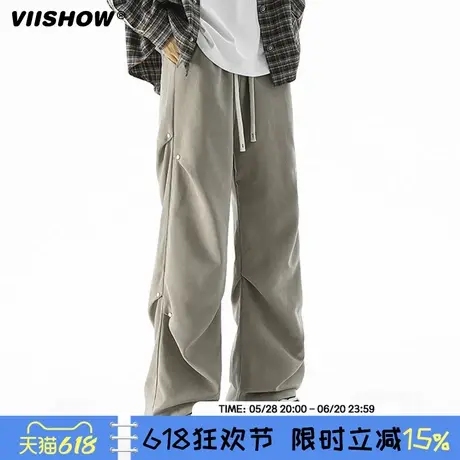 VIISHOW裤子男2025春新款痞帅褶皱伞兵裤宽松直筒休闲铆钉长裤潮商品大图