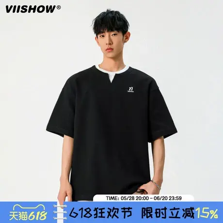 VIISHOW假两件T恤男短袖夏季V领撞色日系潮牌复古华夫格宽松半袖商品大图