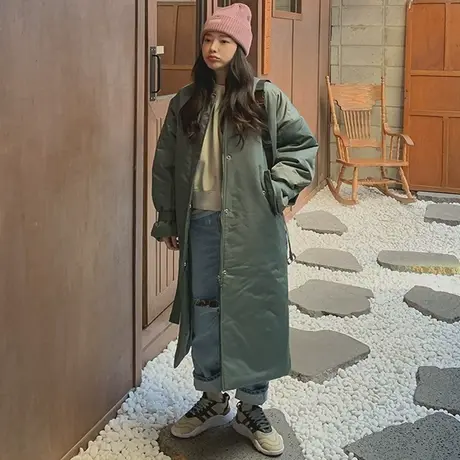 冬装新款过膝长款棉衣女韩版宽松大码灯笼袖系带休闲时尚羽绒棉服图片