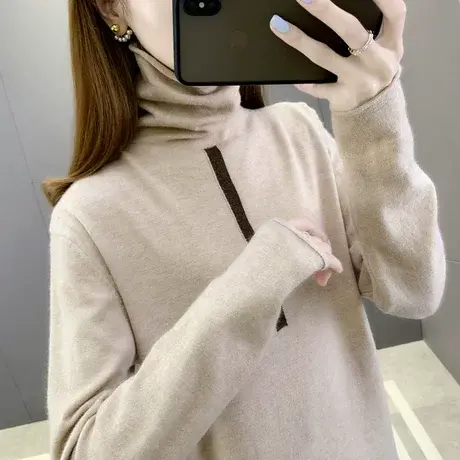 半高领上衣打底针织衫内搭新款2023堆堆领宽松拼色毛衣女高领套头商品大图