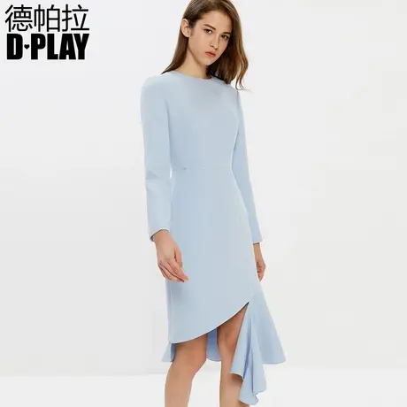 DPLAY德帕拉春欧美蓝色斜荷叶边不对称摆气质连衣裙图片