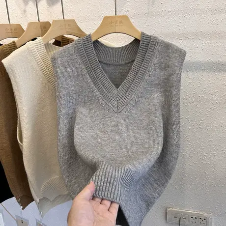 2022秋季新款毛衣背心女慵懒风V领宽松针织马甲无袖上衣外搭叠穿图片
