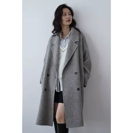 嘉茱莉灰色双面羊毛大衣高级感双面呢大衣女中长款赫本风毛呢外套商品大图